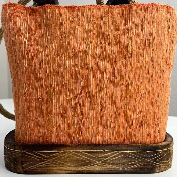 Orange Brown Natural Woven Wood Purse Tote Shoulder Bag Zip Closure - Picture 7 of 16